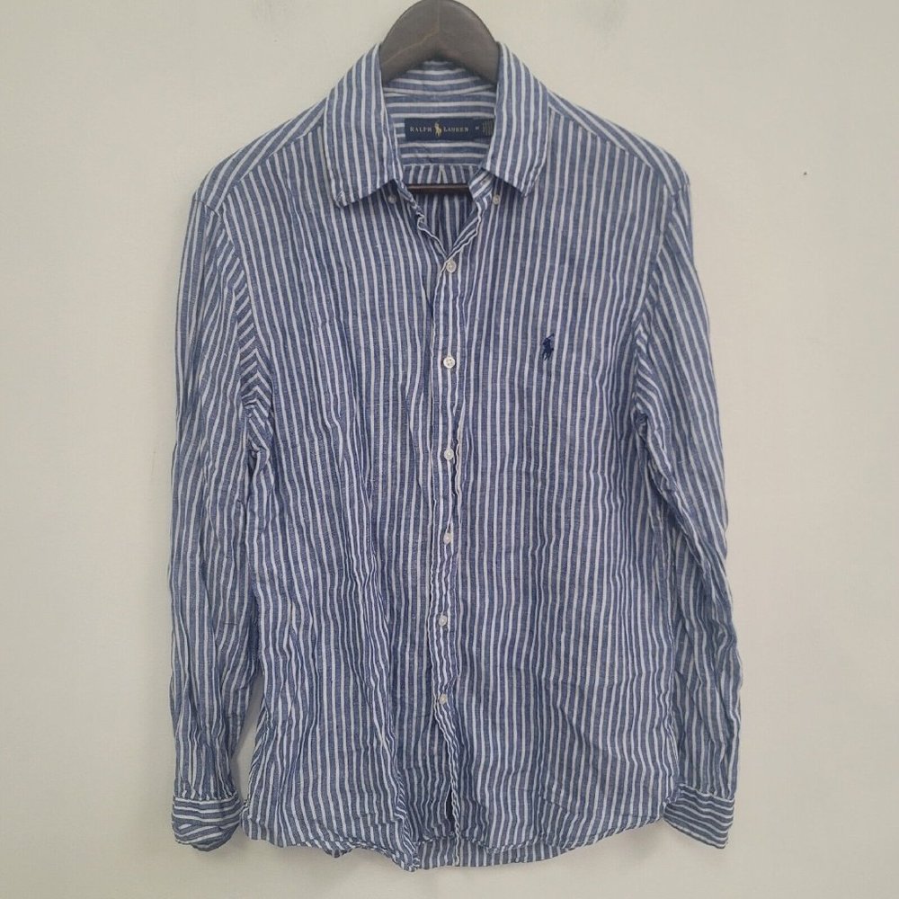Ralph Lauren Mens Linen Shirt Size M Blue White Striped Nautical Beach Button Up